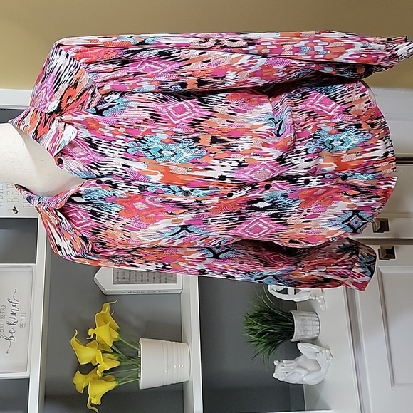 Pleione Button Down Long Sleeve Colorful Blouse Pink Blue - Picture 1 of 8